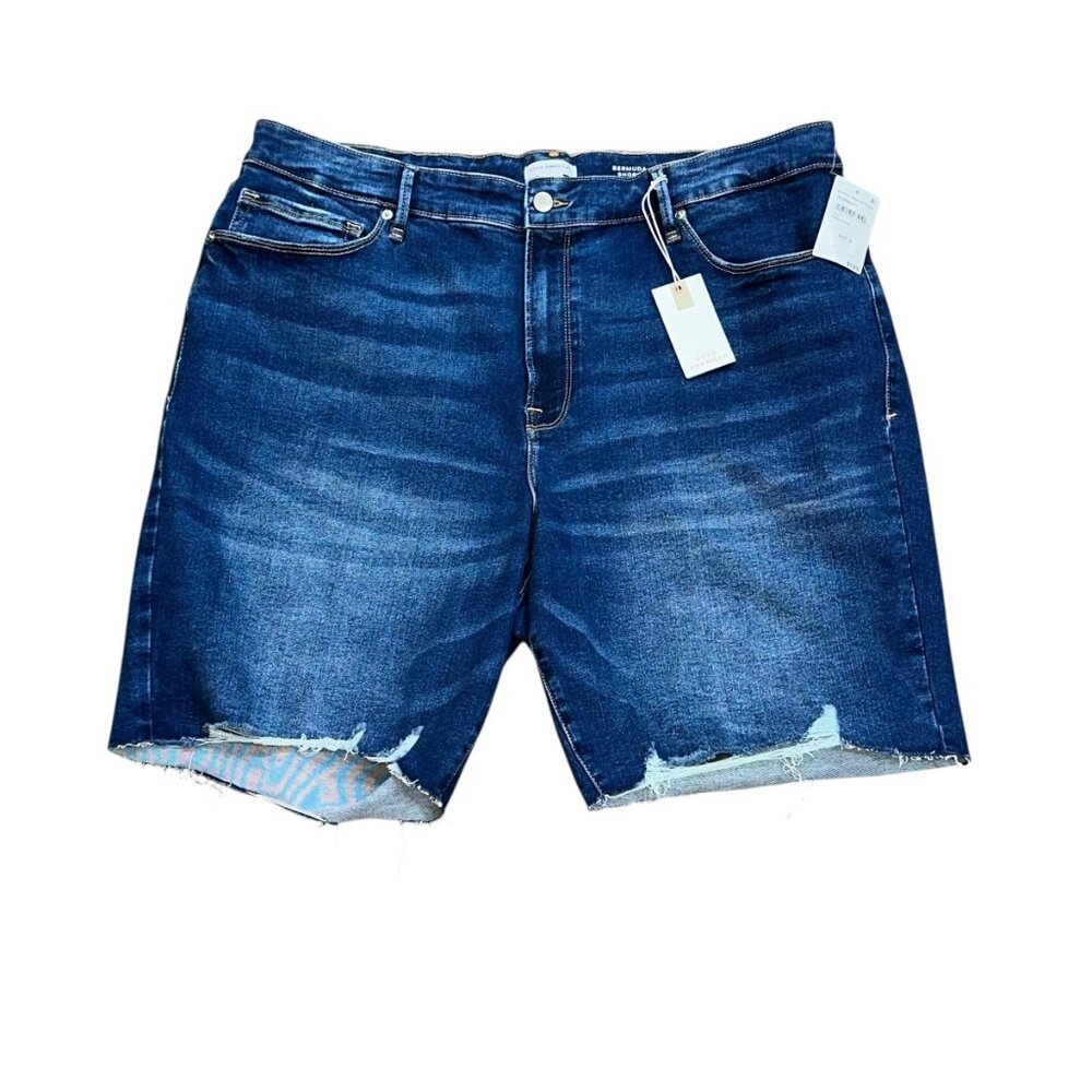 Good American Bermuda Denim Shorts Indigo 20-26 Plus Cut Off Distressed Mid Rise